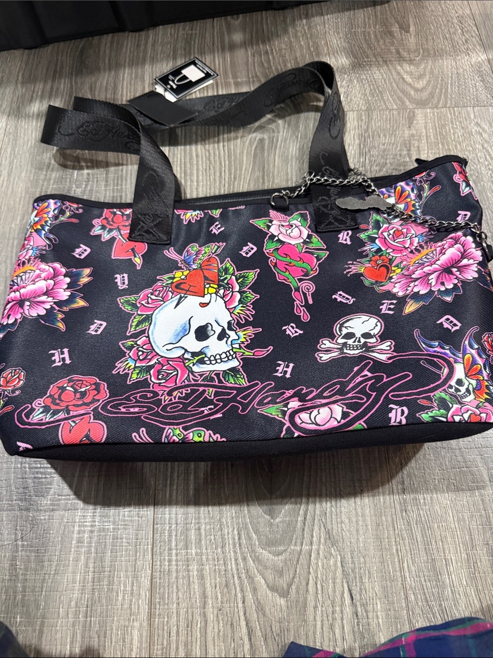 Ed Hardy Black Pink Floral Skull Tote